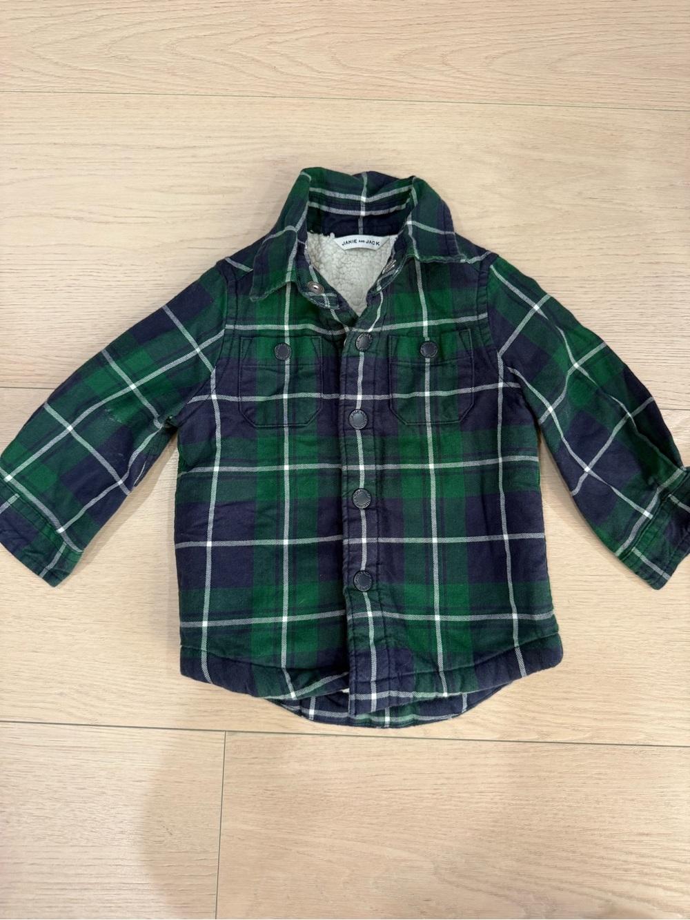 Janie and Jack Green & Navy Plaid Button-Down Sherpa Shacket | 6-12 months